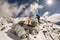 Tourists and the first snow in autumn on Goverla