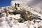 Tourists and the first snow in autumn on Goverla