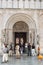 Tourists in front of Cathedral of St. Stosia in Zadar, Croatia