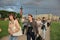 Tourists and guests of St. Petersburg on the spit of Vasilyevsky island