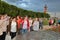 Tourists and guests of St. Petersburg on the spit of Vasilyevsky island