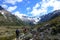 Tourists on hike to the Esmeralda mountain lagoon, Tierra del Fuego, Argentina