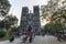 Tourists and local people walking in fron of Saint Joseph Cathedral, the most important church of Hanoi