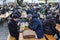 Tourists and locals visit traditional beer garden Biergarten in Munich, Bavaria, Germany. October 2014