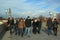 Tourists on the medieval bridge in Regensburg