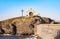 Tourists near chapel of Saint Vincent in sea of Collioure in south of France