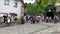 Tourists near covered stairway to the church in Old town of Sighisoara