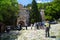 Tourists near the entrance arch of famous Rila