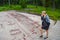 Tourists near rock carvings from Bronze Age, which are about 3000 years old. Tanum, Sweden