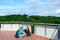 Tourists are on observation deck of tower of Gediminas, Vilnius