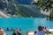 Tourists paddle on the Uniquely Blue Moraine Lake Canada