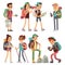 Tourists people characters for hiking and trekking, holiday travel vector concept