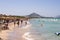 Tourists at Playa de Muro beach in summer peak season near Albufera resorts, Majorca