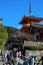 Tourists at popular three-story pagoda at Kiyomizu-dera in Kyoto, Japan