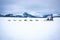 Tourists pulled by sled dog on glacier