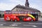 Tourists Red panorama double decker sightseeing tourist bus.