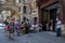 Tourists relax in a cafe on the Great Clock in the center of Rouen