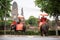 Tourists ride on elephants to see the ancient city of Ayutthaya