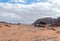 Tourists ride in open jeeps in the Wadi Rum desert Visitor near Aqaba city in Jordan