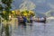 Tourists in rowboat symbol of Phewa lakeside in Pokhara.