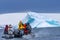 Tourists Rubber Boat Blue Iceberg Snow Glaciers Charlotte Harbor Antarctica