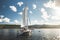 Tourists on the sailing yacht. Northern Ireland.