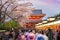 Tourists at shopping street in Asakusa, Tokyo, Japan with sakura trees Japanese letters on the red lantern meaning â€œThe name of