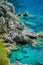 Tourists shorkling between Rocks in Azure Bay of Beautiful Paleokastritsa in Corfu Island, Greece