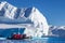 Tourists sitting on zodiac boat, exploring huge icebergs driftin