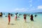 Tourists spend time in sea water in Jolly Buoy Island, Andamans