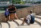 Tourists on stairs at Marina Bay in Singapore