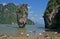 Tourists at stalls setup on Phang-Nga Island, known as James Bond Island Thailand.