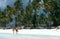 Tourists strolling on a white beach in Zanzibar