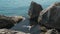 Tourists swim in the open Black Sea among the rocks on a clear sunny summer day.