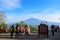 Tourists at Tenjo-Yama Park Mount Kachi Kachi Ropeway with Mount Fuji in background