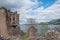 Tourists on top of tower of Urquhart Castle, Loch Ness, Scotland