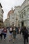 Tourists in the town square at the Cathedral of Santa Maria del Fiore on a cloudy day, Florence