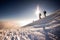 Tourists travel together in the mountains in winter. two girls snow-capped mountains