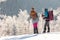 Tourists travel together in the mountains in winter. two girls snow-capped mountains