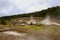 Tourists view the Sulphur banks that can be found walking along the boardwalk in Volcanoes National Park