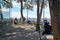 Tourists at the viewpoint at the Hanavsky Pavilion in Letna Park with a view of Prague