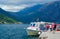 Tourists visit Island of Virgin on reef Gospa od Skrpela Island, Bay of Kotor, Montenegro
