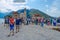 Tourists visit Island of Virgin on reef in Kotor Bay, Perast, Montenegro