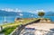 Tourists visiting Cerro beach on the shore of Lake Maggiore.