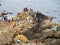 Tourists visiting Giant`s Causeway in Northern Ireland