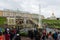 Tourists visiting the Grand Peterhof Palace, the Grand cascade , the Samson fountain. Saint Petersburg, Russia.