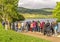 Tourists are waiting for a boat near jetty in Urquhart Castle site, Scotland