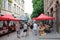 Tourists walk along one of the main pedestrian streets in the center of Tbilisi.