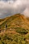 Tourists walk in the autumn mountains, the paths of the Carpathians, people with trekking poles.