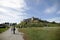 Tourists walk inside the Rasnov medieval fortified church fortress, castle, citadel